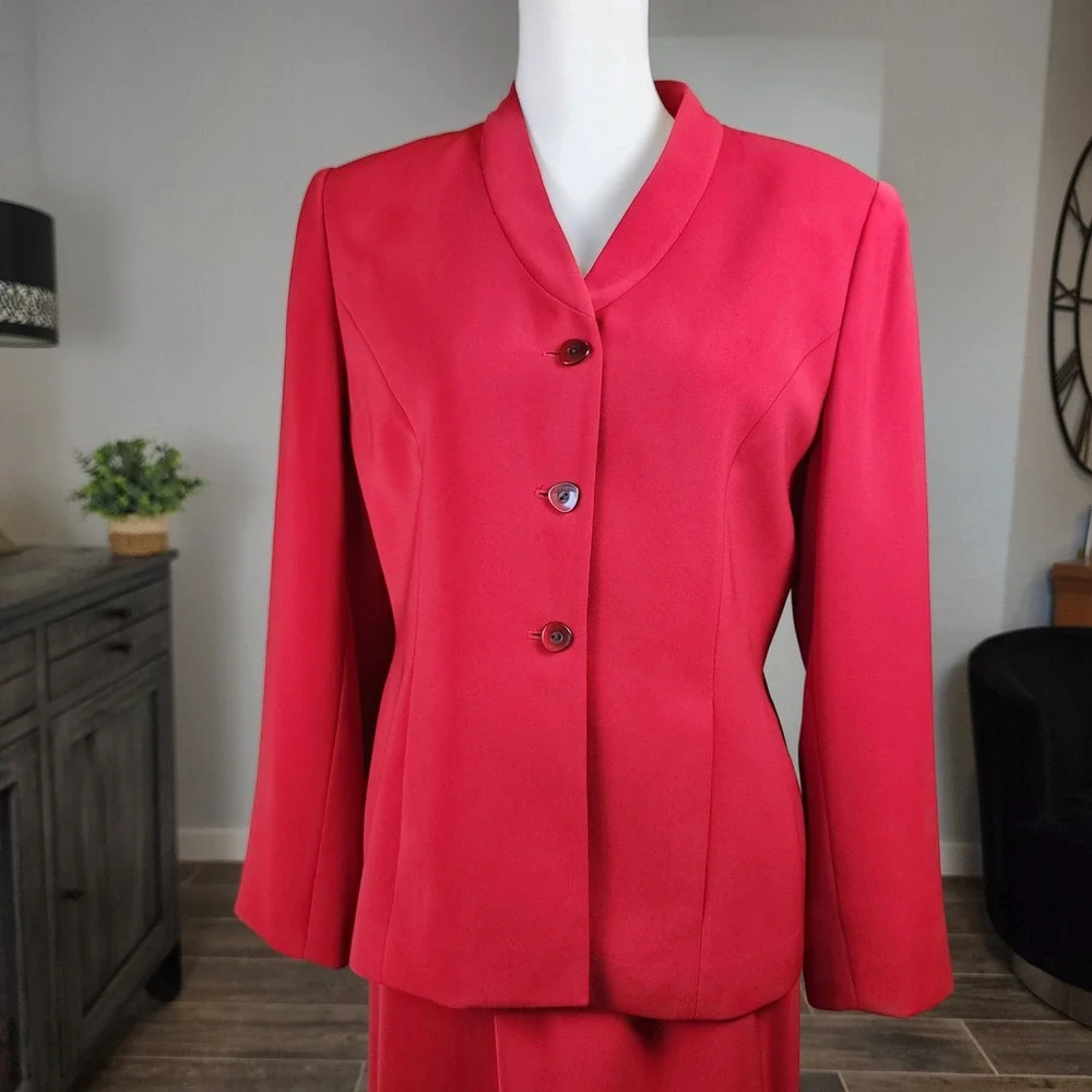 Kasper ASL 2pc Blazer + Skirt Suit Set Womens 10P Red Business Career Officecore